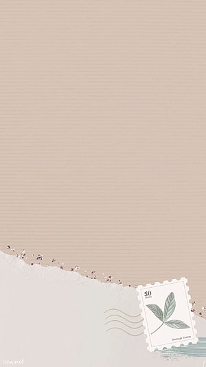 Minimalist beige paper background with botanical postage stamp and torn edge detail HD phone wallpaper