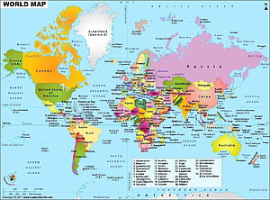 Colorful Political World Map with Country Borders and Ocean Labels HD wallpaper