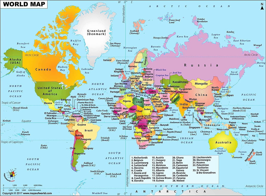 Colorful Political World Map with Country Borders and Ocean Labels HD wallpaper