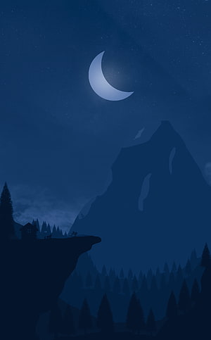 The Great Wander Night Scene with Crescent Moon and Silhouetted Mountain Landscape HD phone wallpaper