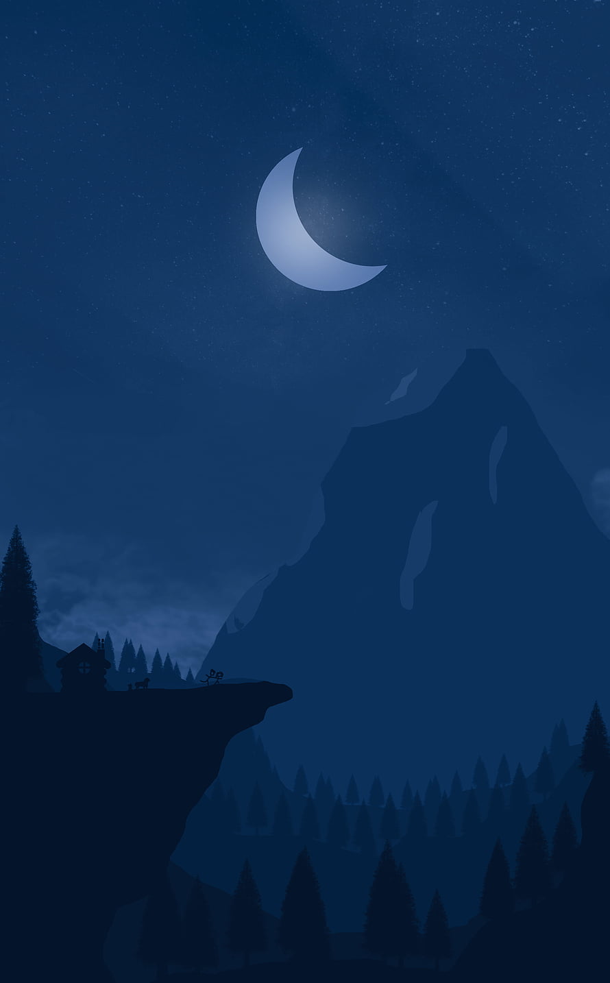 The Great Wander Night Scene with Crescent Moon and Silhouetted Mountain Landscape HD phone wallpaper