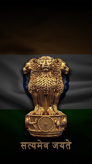 Golden Ashoka Pillar Emblem on Indian Flag Background with National Motto HD phone wallpaper