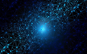 Abstract Blue Digital Network Web with Glowing Nodes and Interconnected Lines on Dark Background HD wallpaper