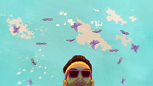 Eladio Carrión stylized illustration with purple butterflies and teal sky HD wallpaper