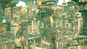 Intricate Solarpunk Cityscape with Dense Architecture and Green Tones HD wallpaper