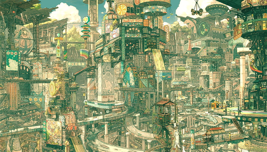 Intricate Solarpunk Cityscape with Dense Architecture and Green Tones HD wallpaper