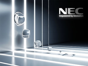 NEC Corporate Technology Scene with Floating Geometric Shapes and Neon Light Strips HD wallpaper