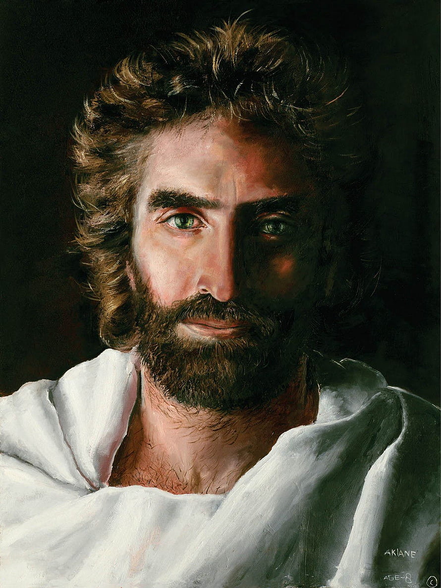 Akiane Kramarik Realistic Oil Painting of Jesus Christ with Green Eyes and White Robe HD phone wallpaper