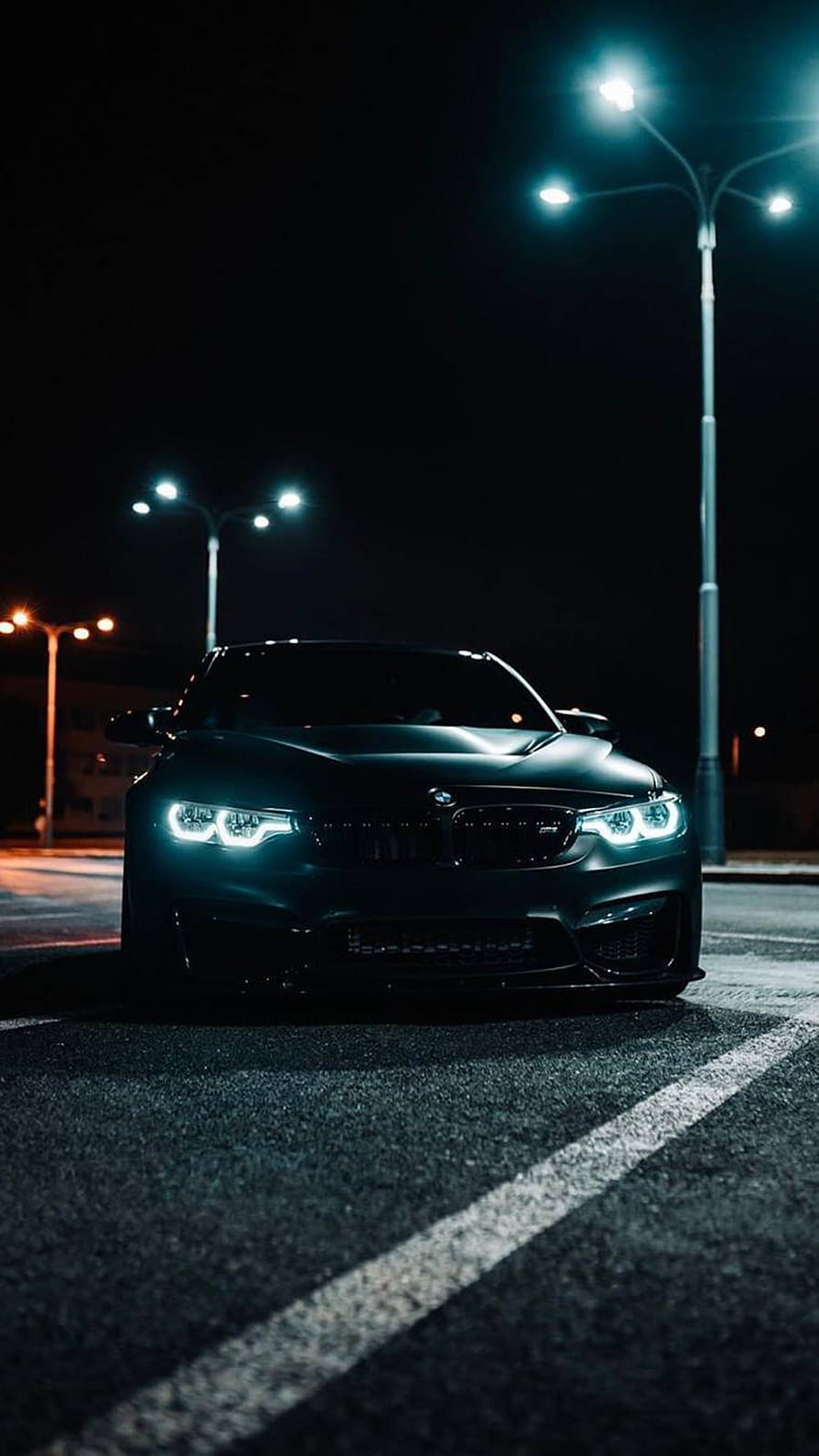 Matte Black BMW M4 F82 Front View With LED Headlights Parked On Night Street HD phone wallpaper