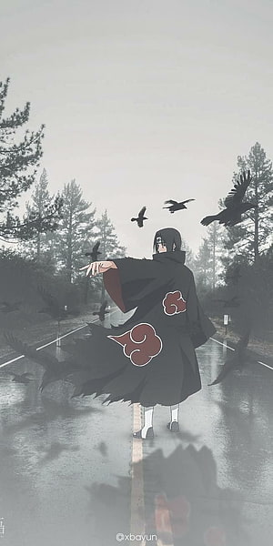 Itachi Uchiha in Akatsuki Robe Walking on a Misty Road with Crows HD phone wallpaper