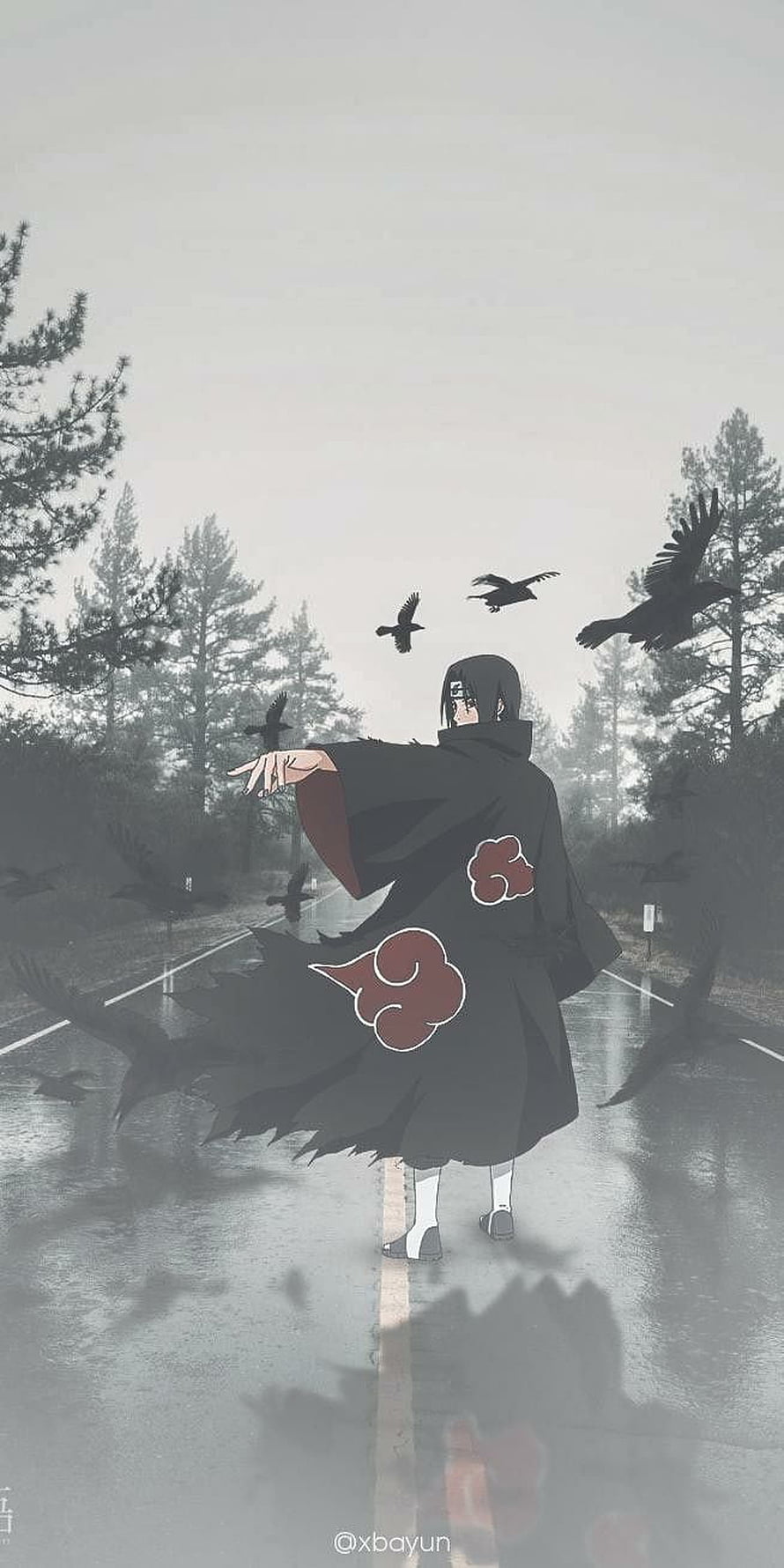 Itachi Uchiha in Akatsuki Robe Walking on a Misty Road with Crows HD phone wallpaper