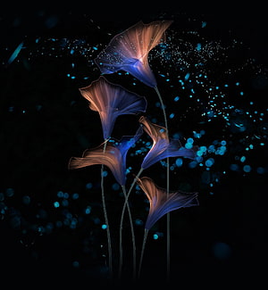 Glowing Abstract Flowers with Blue Particles on Dark Background HD phone wallpaper