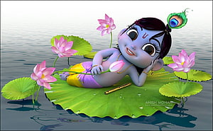 Cute 3D Baby Krishna Reclining on Lotus Leaf with Pink Flowers and Flute HD wallpaper
