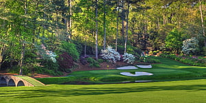 Augusta National Golf Course Fairway with Sand Traps and Stone Bridge HD wallpaper
