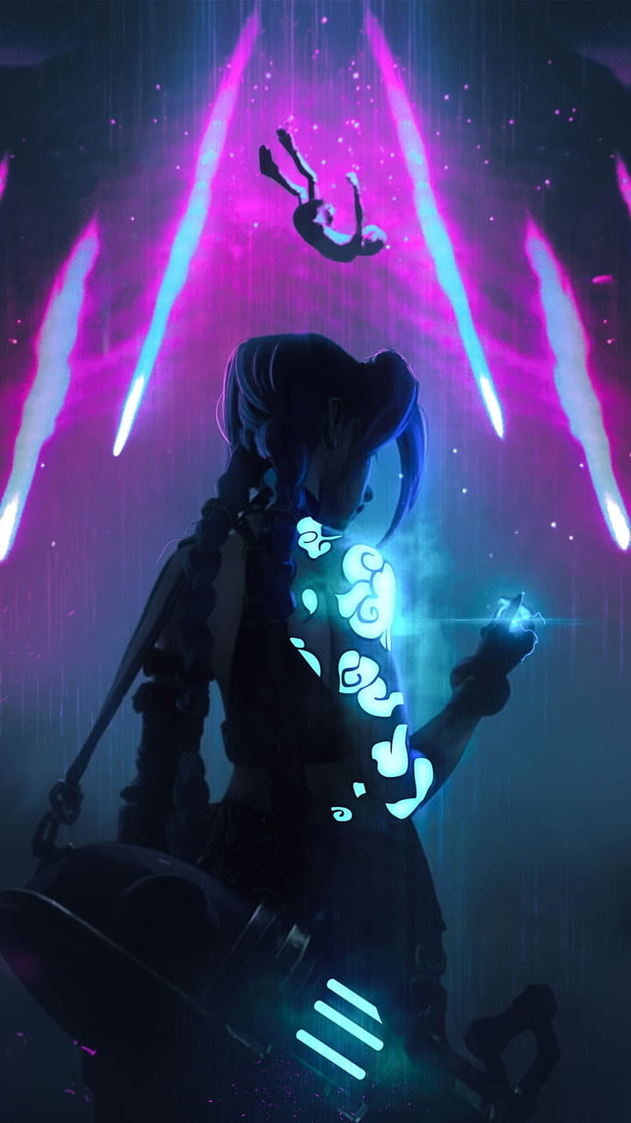 Jinx from Arcane holding glowing energy with neon purple and blue light beams in the rain HD phone wallpaper