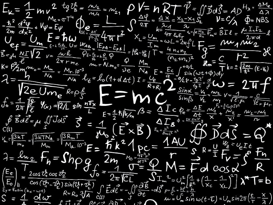 Handwritten Physics and Quantum Mechanics Equations on Black Chalkboard Background HD wallpaper