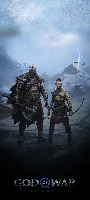 Kratos and Atreus in a Snowy Mountain Landscape from God of War Ragnarok HD phone wallpaper