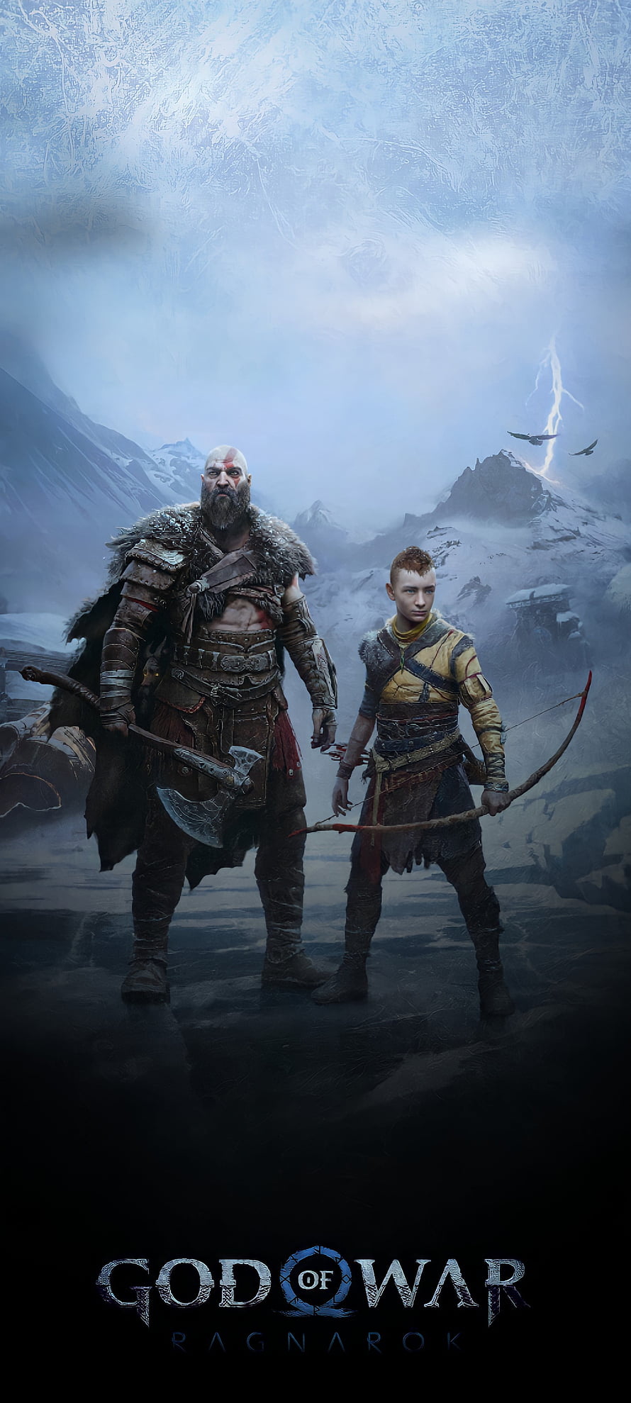 Kratos and Atreus in a Snowy Mountain Landscape from God of War Ragnarok HD phone wallpaper