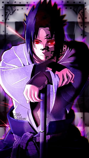 Sasuke Uchiha in Dark Purple Attire with Red Eyes and Cursed Mark HD phone wallpaper