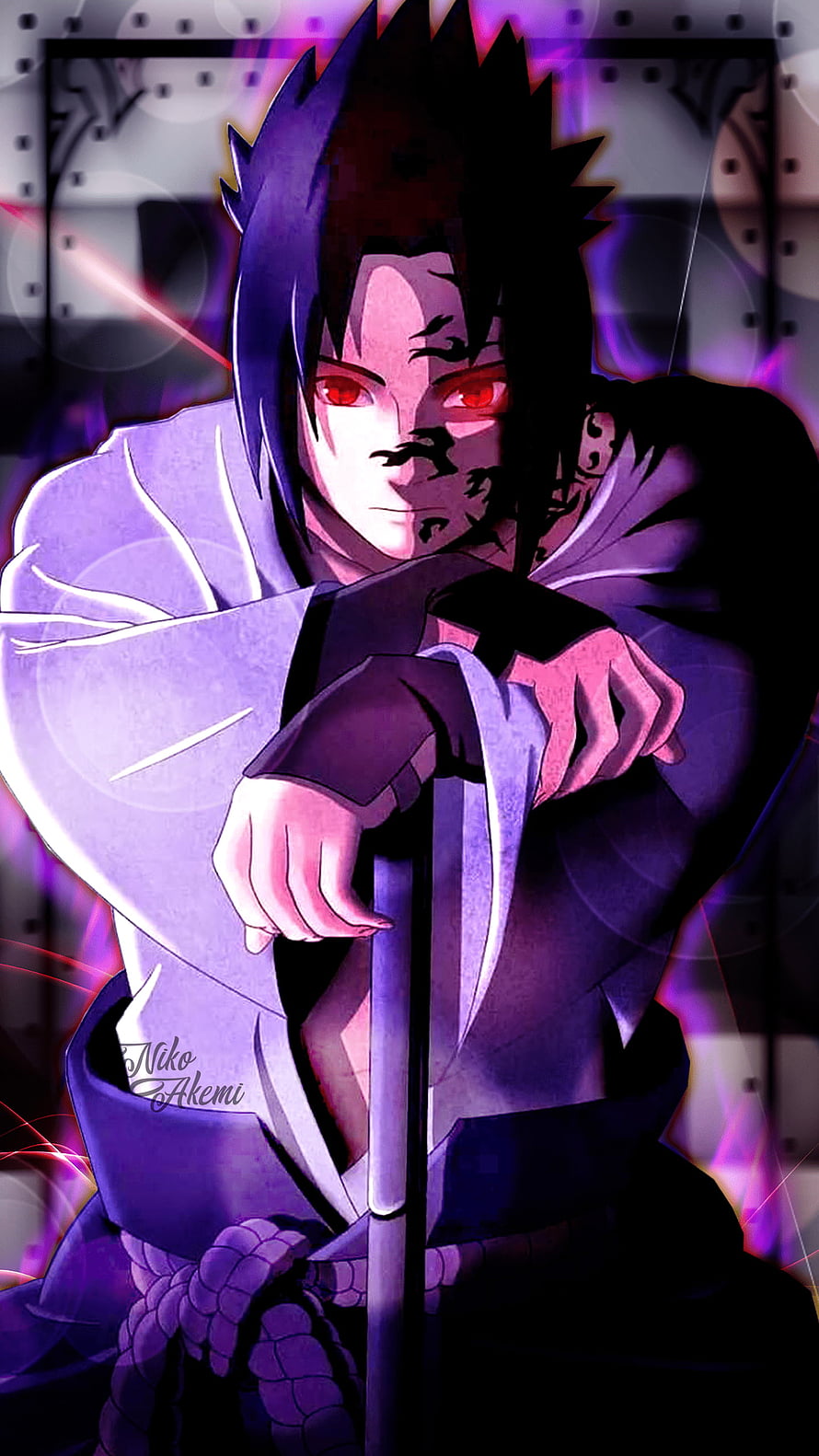 Sasuke Uchiha in Dark Purple Attire with Red Eyes and Cursed Mark HD phone wallpaper