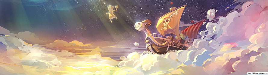 One Piece Going Merry sailing through pastel clouds under a starlit sky with a glowing spirit HD wallpaper