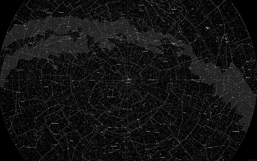 Full Sky Star Chart with Constellation Boundaries and Celestial Grid on Black Background HD wallpaper