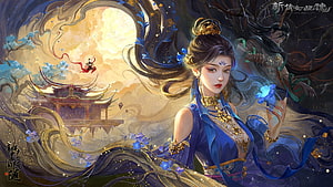 Xin Qian Nü Xi Hun Fantasy Artwork Featuring Blue Attired Woman And Moonlit Temple HD wallpaper