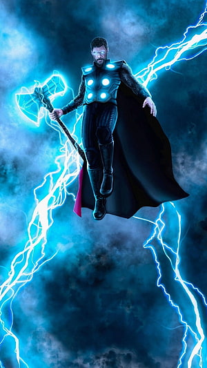 Thor wielding Stormbreaker amid electric blue lightning and storm clouds HD phone wallpaper