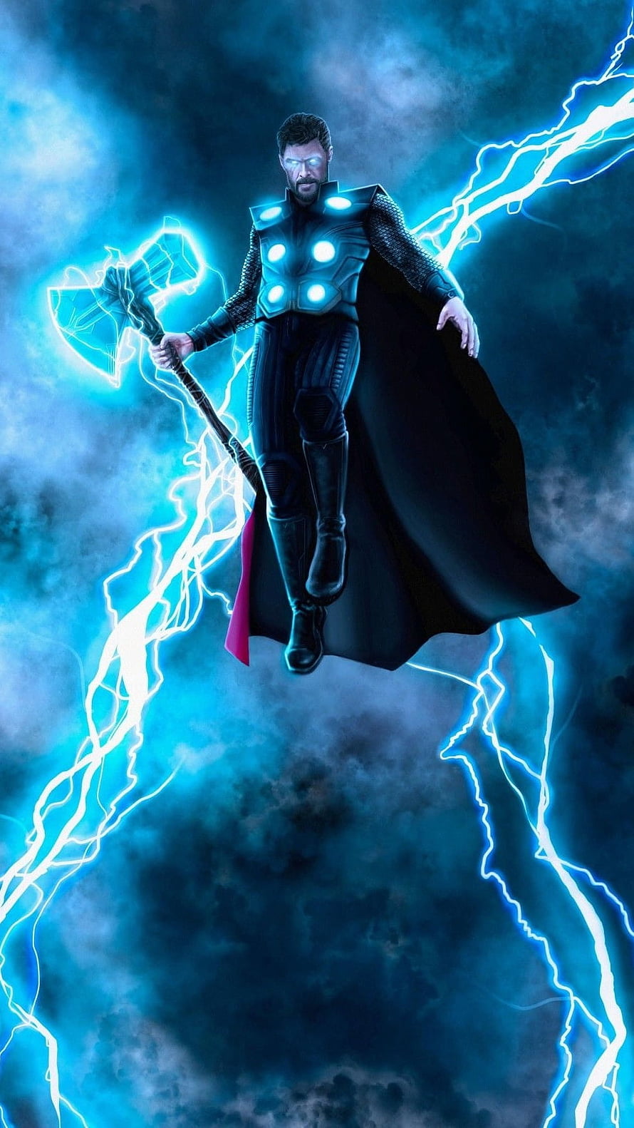 Thor wielding Stormbreaker amid electric blue lightning and storm clouds HD phone wallpaper