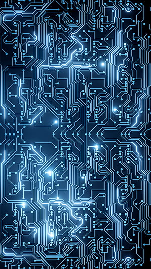 Glowing Blue Circuit Board Pattern with Luminous Traces and Nodes on a Dark Background HD phone wallpaper