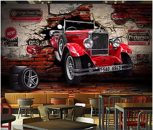 Vintage red classic car mural on distressed brick wall in modern cafe interior HD wallpaper