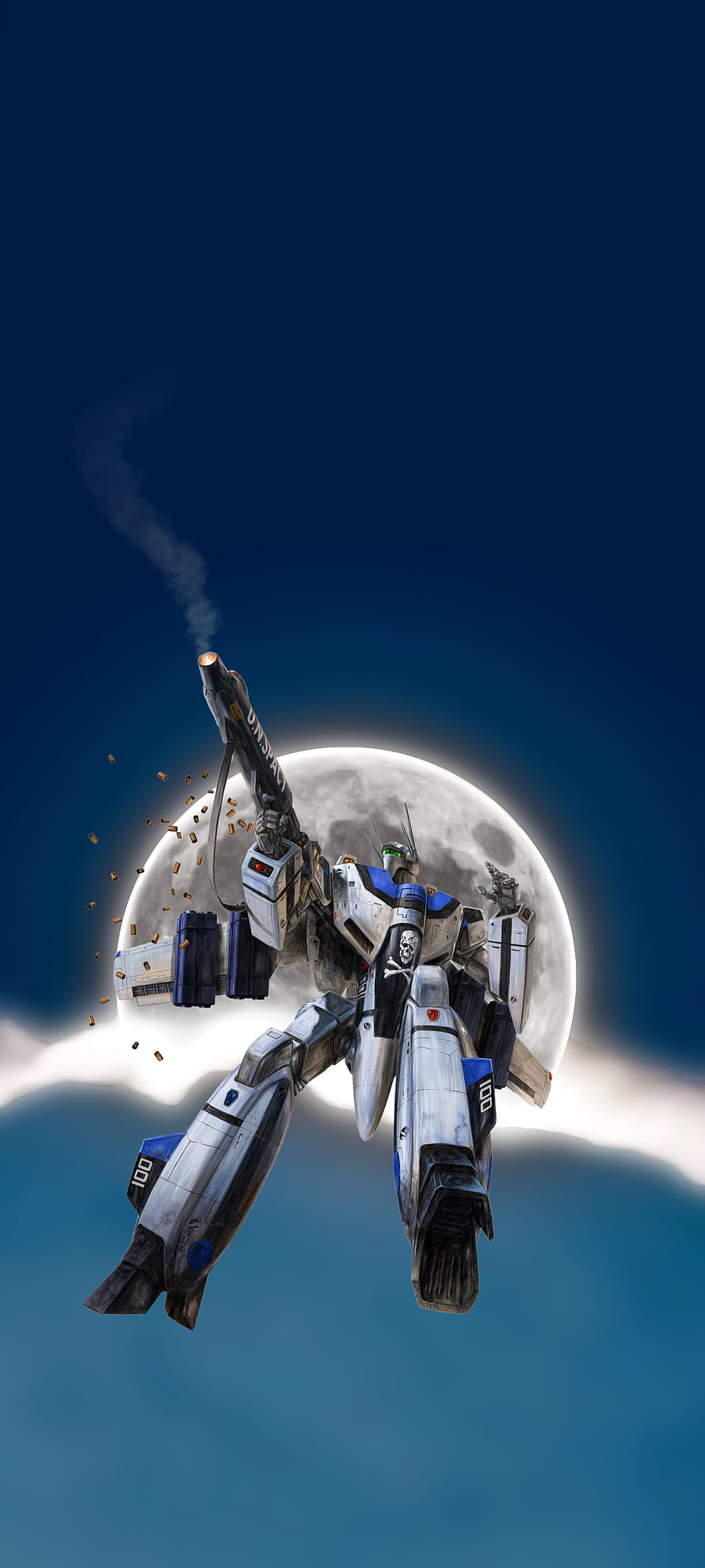 Robotech Max Battloid Firing Cannon Against Full Moon Night Sky HD phone wallpaper