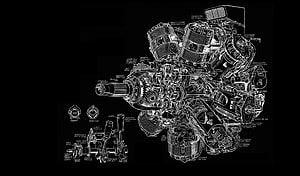 Intricate Engine Blueprint Technical Illustration on Black Background HD wallpaper