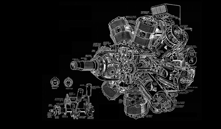 Intricate Engine Blueprint Technical Illustration on Black Background HD wallpaper