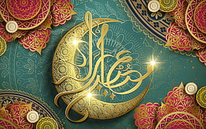 Eid Mubarak Gold Arabic Calligraphy with Crescent Moon and Islamic Geometric Patterns HD wallpaper