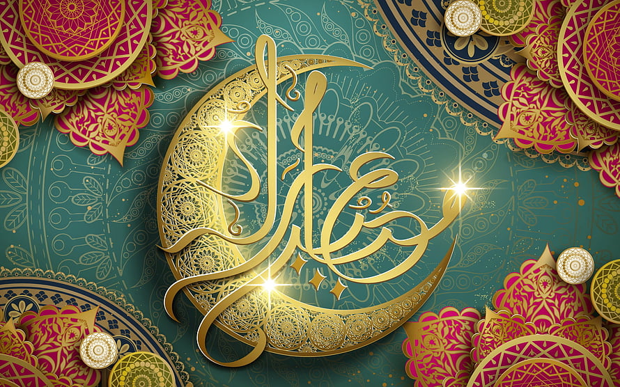 Eid Mubarak Gold Arabic Calligraphy with Crescent Moon and Islamic Geometric Patterns HD wallpaper