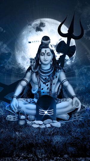 Lord Shiva Mahakal Meditating Under Full Moon With Trishul And Shiva Lingam HD phone wallpaper