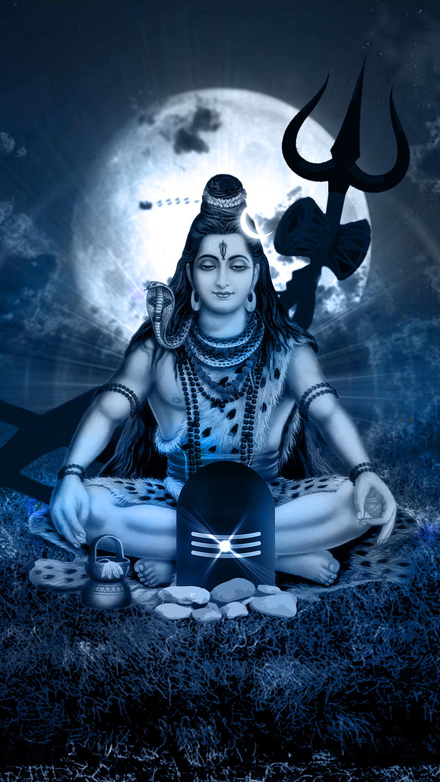 Lord Shiva Mahakal Meditating Under Full Moon With Trishul And Shiva Lingam HD phone wallpaper