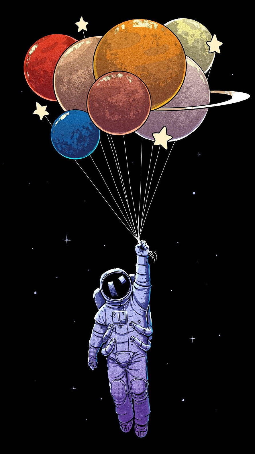Astronaut Floating in Space Holding a Bunch of Colorful Planet Balloons HD phone wallpaper