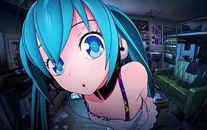 Hatsune Miku Anime Closeup in Messy Bedroom with Green Sofa and Tech Setup HD wallpaper