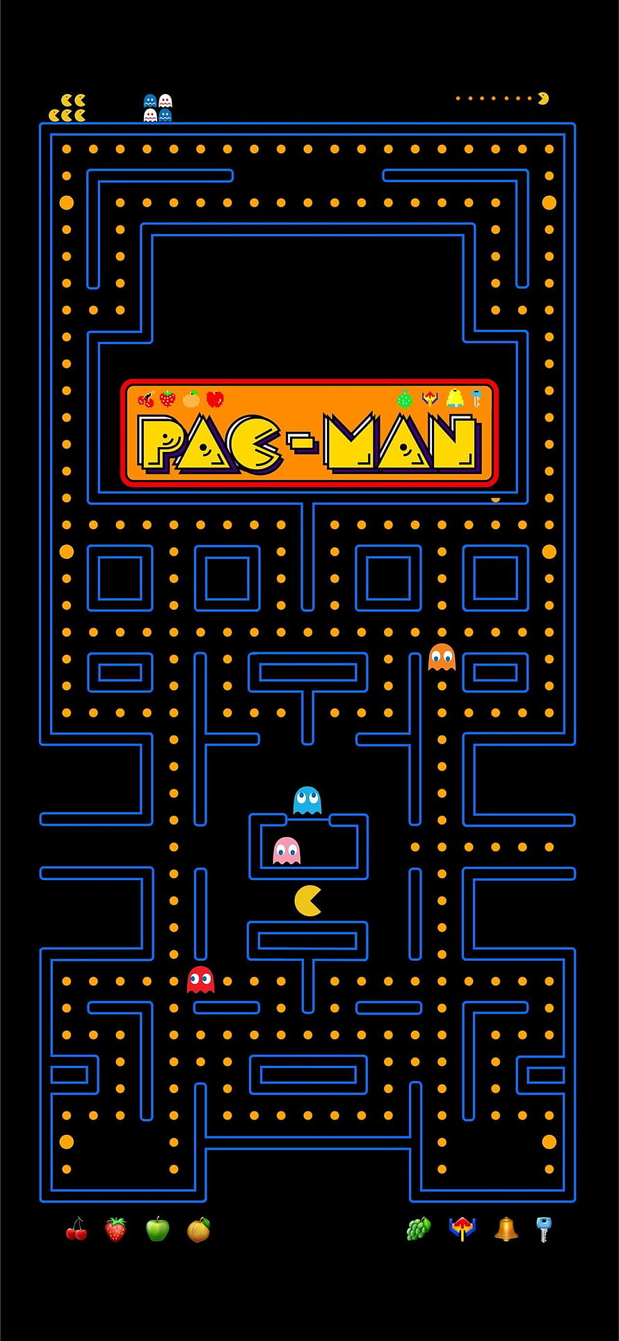 Pac-Man Classic Arcade Maze with Ghosts and Power Pellets on Black Background HD phone wallpaper