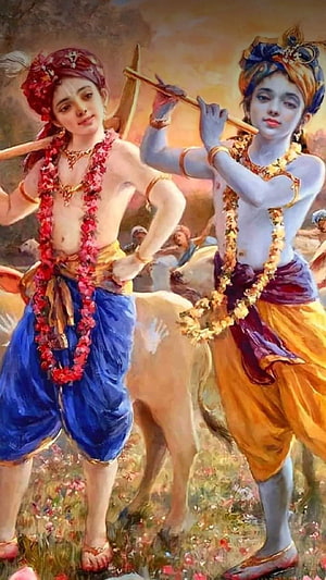 Krishna and Balarama Playing Flutes in a Flower Field HD phone wallpaper