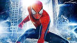 Spider-Man in Action Amid City Destruction and Lightning Storm HD wallpaper