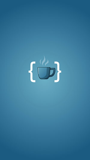 Minimalist Web Developer Icon with Coffee Cup and Curly Braces on Blue Gradient Background HD phone wallpaper