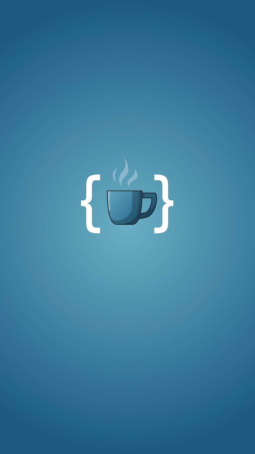 Minimalist Web Developer Icon with Coffee Cup and Curly Braces on Blue Gradient Background HD phone wallpaper
