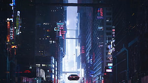 Cyberpunk Cityscape with Flying Car and Neon Signs in a Futuristic Urban Canyon HD wallpaper