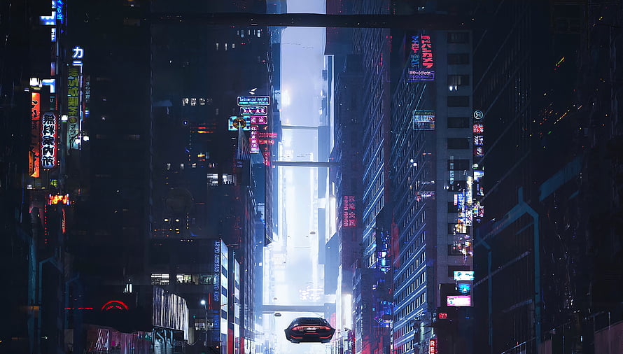 Cyberpunk Cityscape with Flying Car and Neon Signs in a Futuristic Urban Canyon HD wallpaper