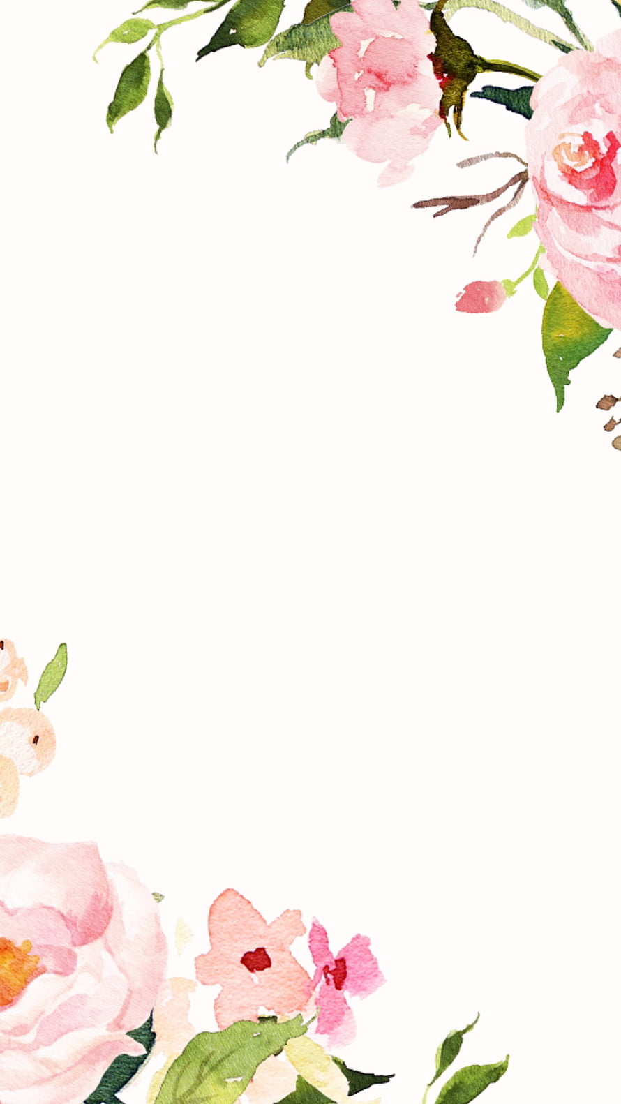 Delicate Watercolor Floral Frame with Pink Roses and Green Leaves on White Background HD phone wallpaper