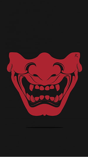 Red Oni Demon Mask with Fierce Grin and Kanji Character on Black Background HD phone wallpaper