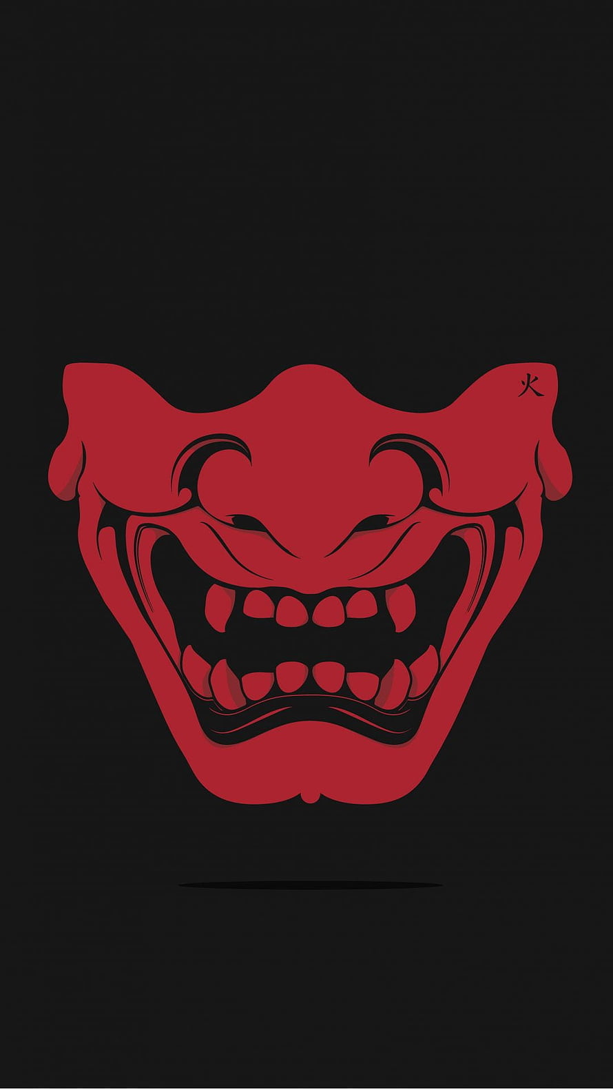 Red Oni Demon Mask with Fierce Grin and Kanji Character on Black Background HD phone wallpaper